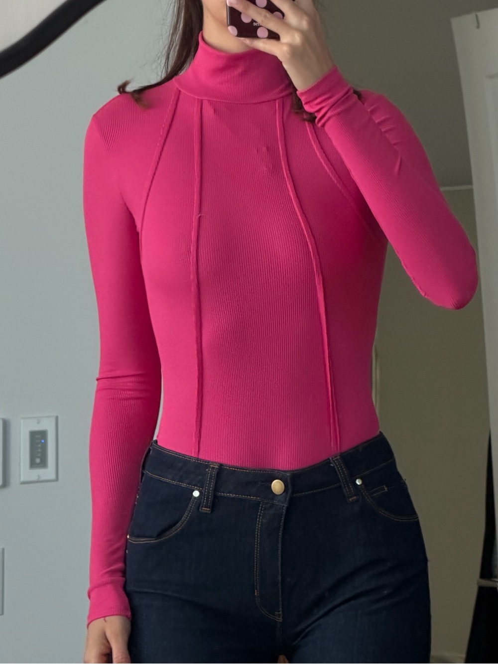 Women’s Fitted Hot Pink Long-Sleeve Turtleneck bodysuit